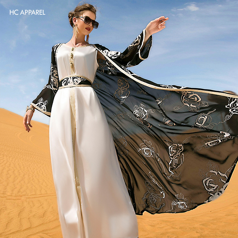 Arabian dubai black and white flower two piece set open belt Muslim abaya hijab dress islamic Muslim clothing women