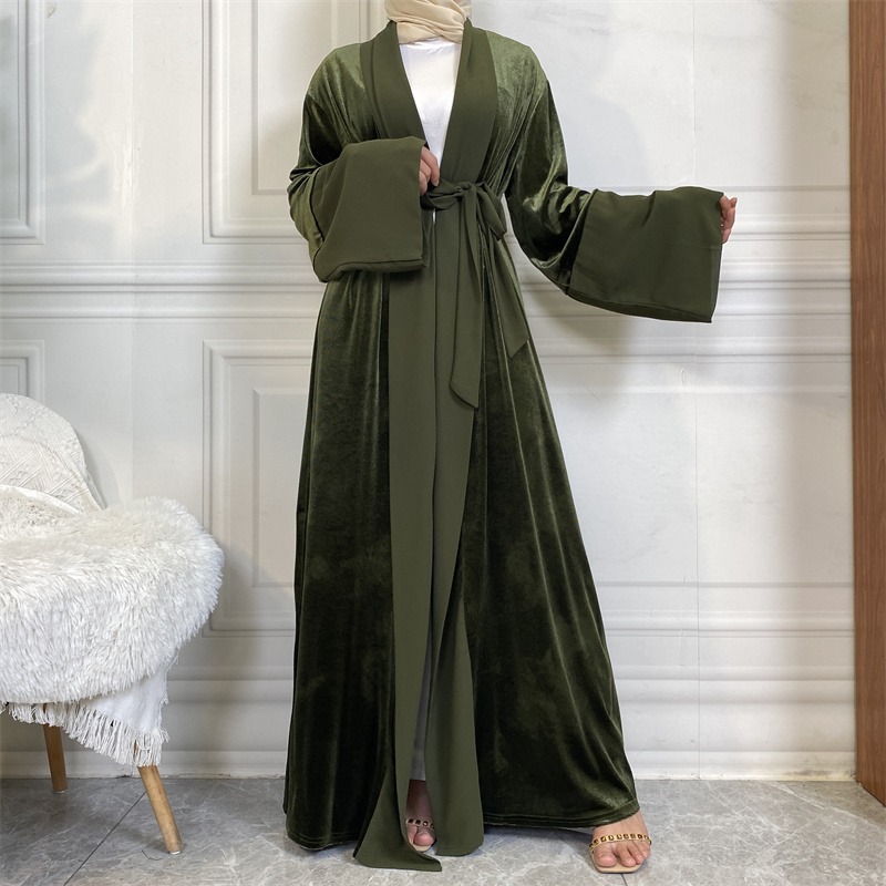 Islam Modest Fashion Velvet Abaya Chiffon Sleeve Cuff Winter Latest Moroccan Kaftan Open Abaya