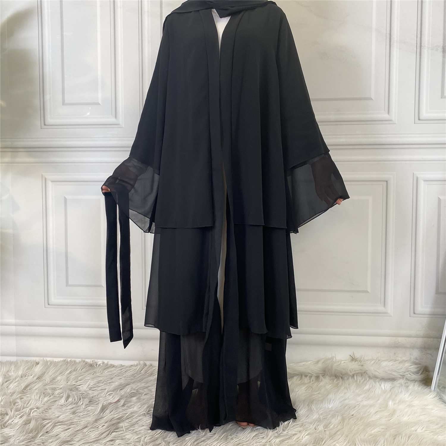 Best Seller Chiffon Open Abaya Solid Color 3 Layered Long Sleeve Dubai Abayas Cardigan Style 9 Colors