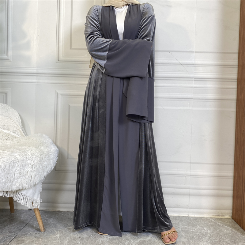 Islam Modest Fashion Velvet Abaya Chiffon Sleeve Cuff Winter Latest Moroccan Kaftan Open Abaya