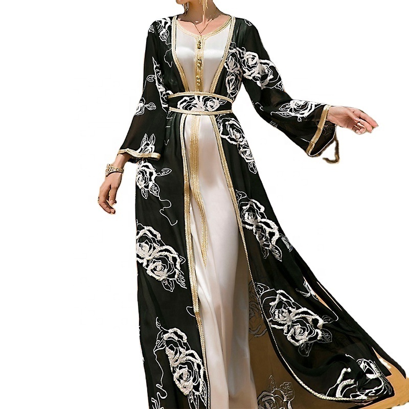 Arabian dubai black and white flower two piece set open belt Muslim abaya hijab dress islamic Muslim clothing women