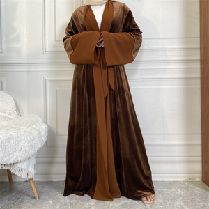 Islam Modest Fashion Velvet Abaya Chiffon Sleeve Cuff Winter Latest Moroccan Kaftan Open Abaya