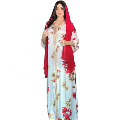 2022 Hot-Sale Middle Eastern Fashion Dress Muslim Women Robes  Floral Print  EID Abaya Dress With Hijab