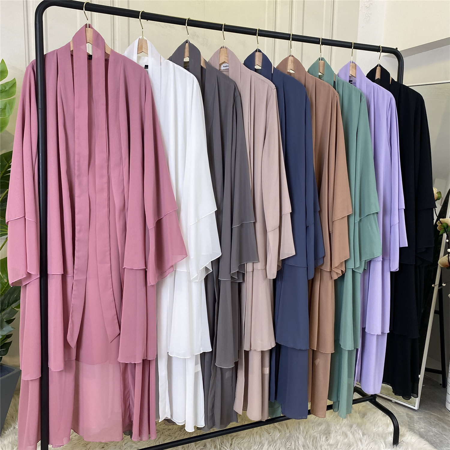 Best Seller Chiffon Open Abaya Solid Color 3 Layered Long Sleeve Dubai Abayas Cardigan Style 9 Colors