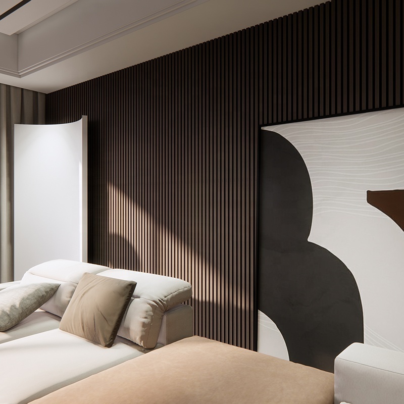 Customized Veneer Slat Wood Panel with PET Felt Blacking Akustik Panelen Headboard Wall Ceiling Acoustic Wall Akupanel