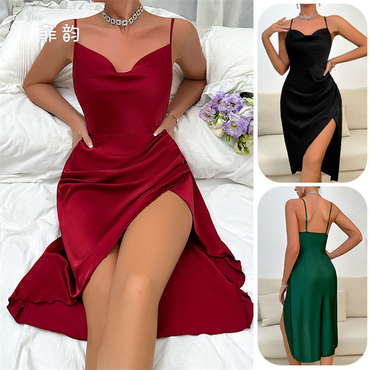 Sexy swinging collar seductive women's pajamas long solid color sleeveless camisole skirt home clothing