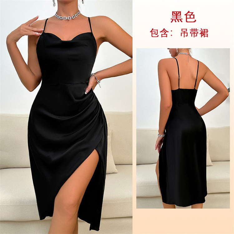 Sexy swinging collar seductive women's pajamas long solid color sleeveless camisole skirt home clothing