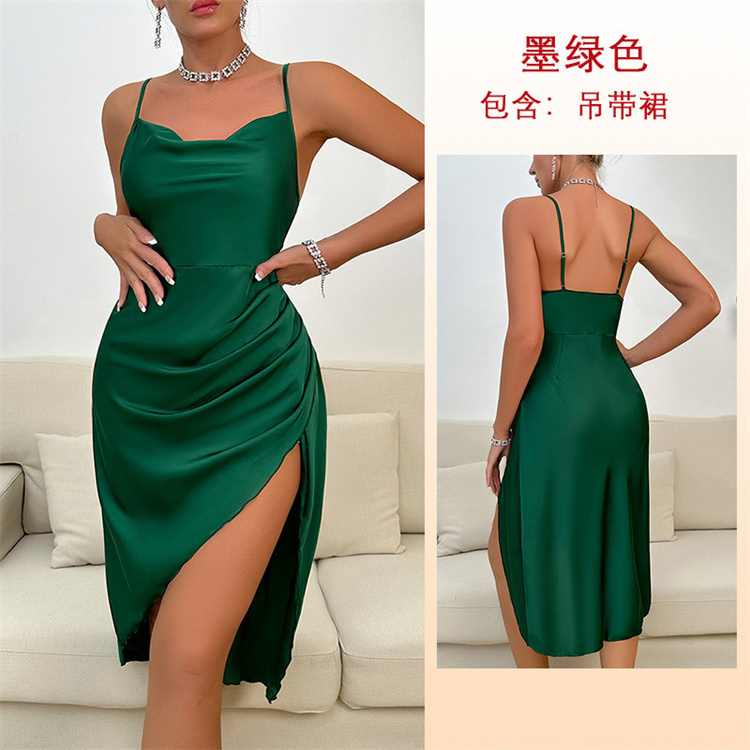 Sexy swinging collar seductive women's pajamas long solid color sleeveless camisole skirt home clothing