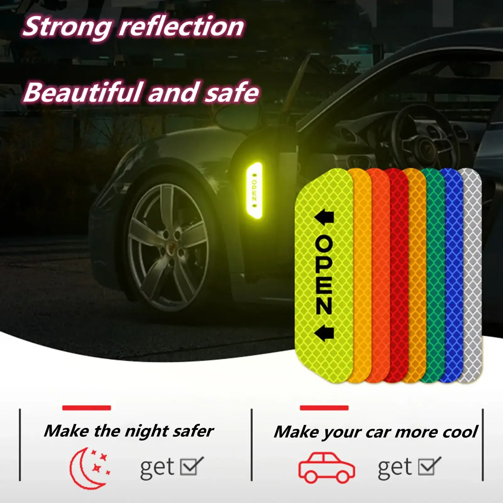 4 pieces/set of car door stickers  universal safety warning signs open high reflective tape motorcycle bicycle helmet design