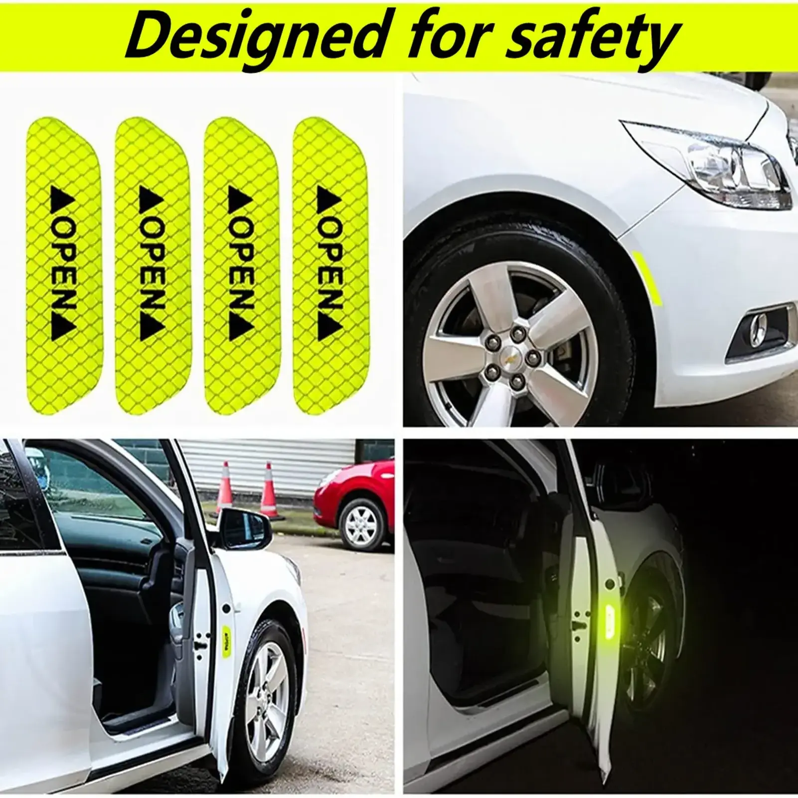 4 pieces/set of car door stickers  universal safety warning signs open high reflective tape motorcycle bicycle helmet design