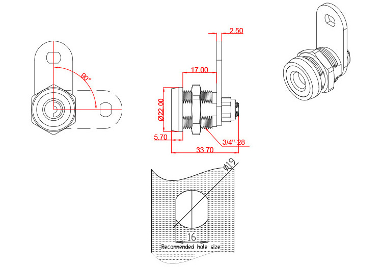 JK519 90 degree left or right turn 19mm cabinet cam lock for tool cabinet and mail box