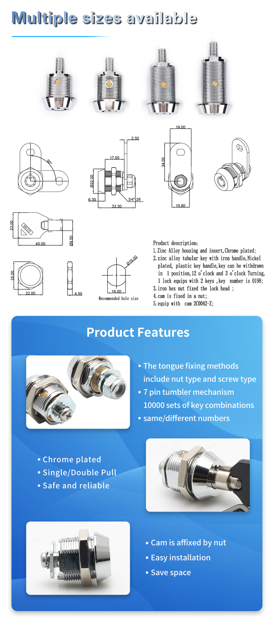 JK500 Industrial Cam Locks With A Safety Key Different Cam Lock Cylinder Locker Key 30*30 Cabinet Lock