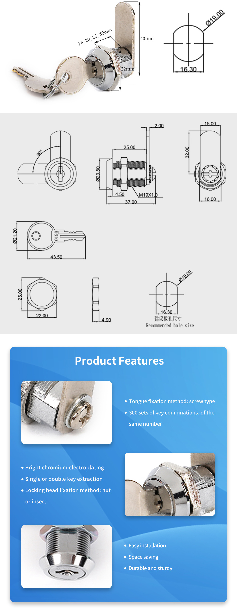 Super Durable JK503 Mail Box Flat Key Lock Keyed Alike Cam Lock For Metal Cabinets