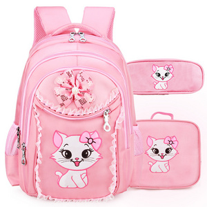 New Design 3in1 schoolbag set with cat pattern kitty backpack for girls with lunch bag and pencil bag