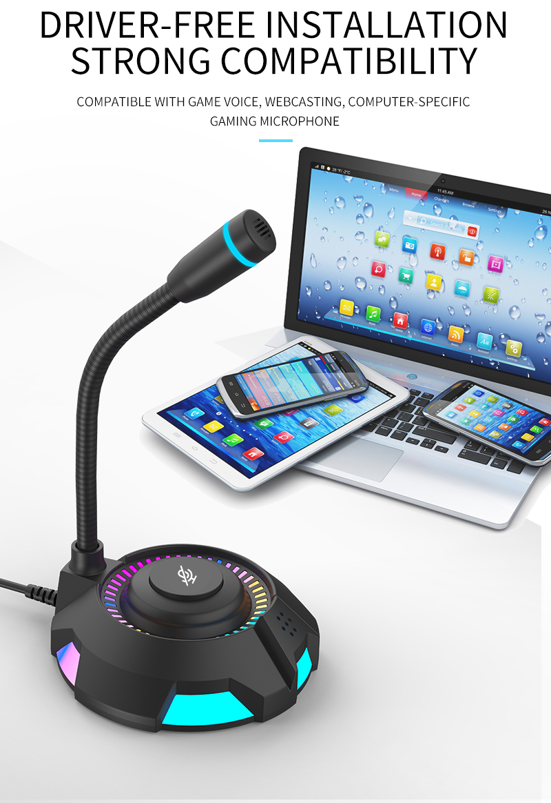 Home Desktop Table Stand 360 PC Podcast Wired Mobile Usb RGB Gaming Studio Mic Recording Condenser Microphone for Voice Songs