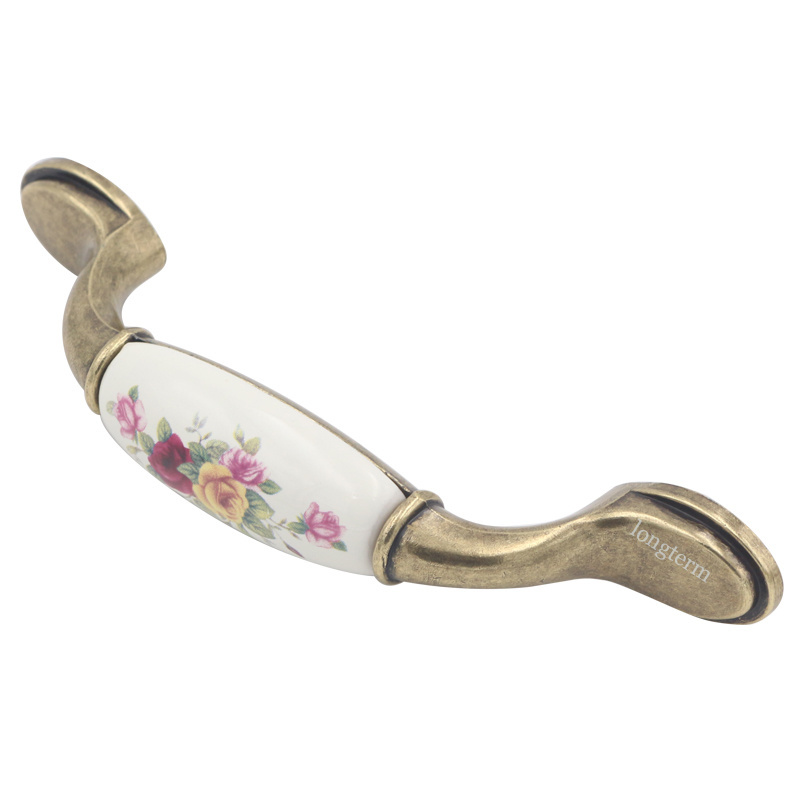 96mm European Style Drawer Cupboard Pull Antique Brass Handle Classic Ceramic Kitchen Cabinet Porcelain Handles