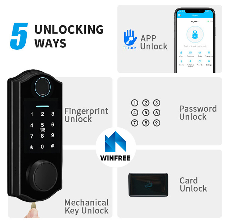 Front Door Ttlock Smart Intelligent Fingerprint Door Lock Digital Electronic Lock Card Wi-Fi Smart Door Lock Deadbolt with Alexa