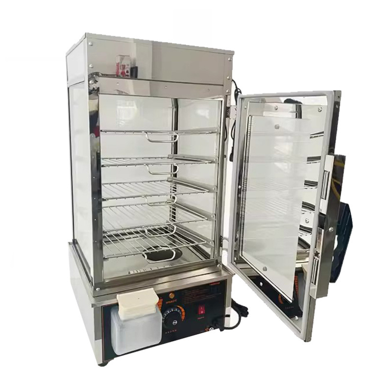 Electric Commercial Stainless Steel Food Warmer Display Showing Baking Kitchen Machine Bao Dimsum Bun Steamer with Glass