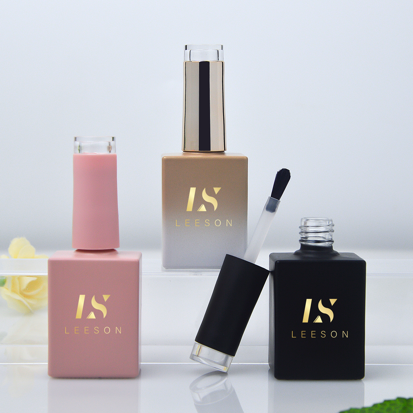 New Products 15ml Square Rectangle Empty Uv Gel Nail Polish Glass Bottle With Black Brush