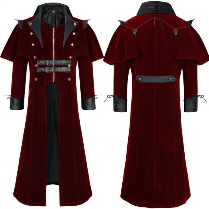 Men's Medieval Steampunk Castle Vampire Devil Red Coat Cosplay Costume