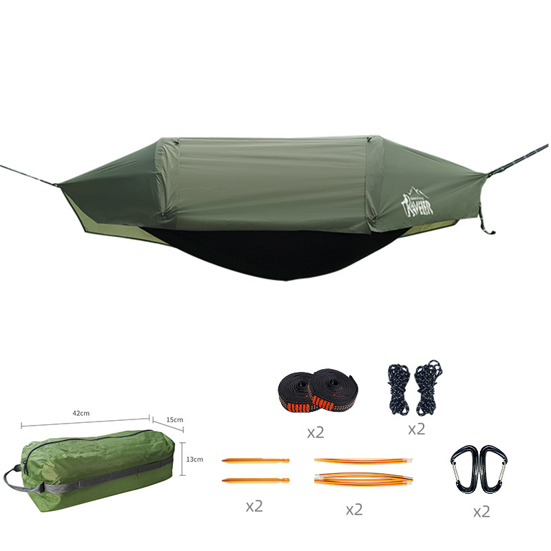 Hanging stable hammock tent with sunshade function outside plain adventurer camo hammock