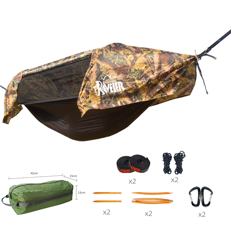 Hanging stable hammock tent with sunshade function outside plain adventurer camo hammock