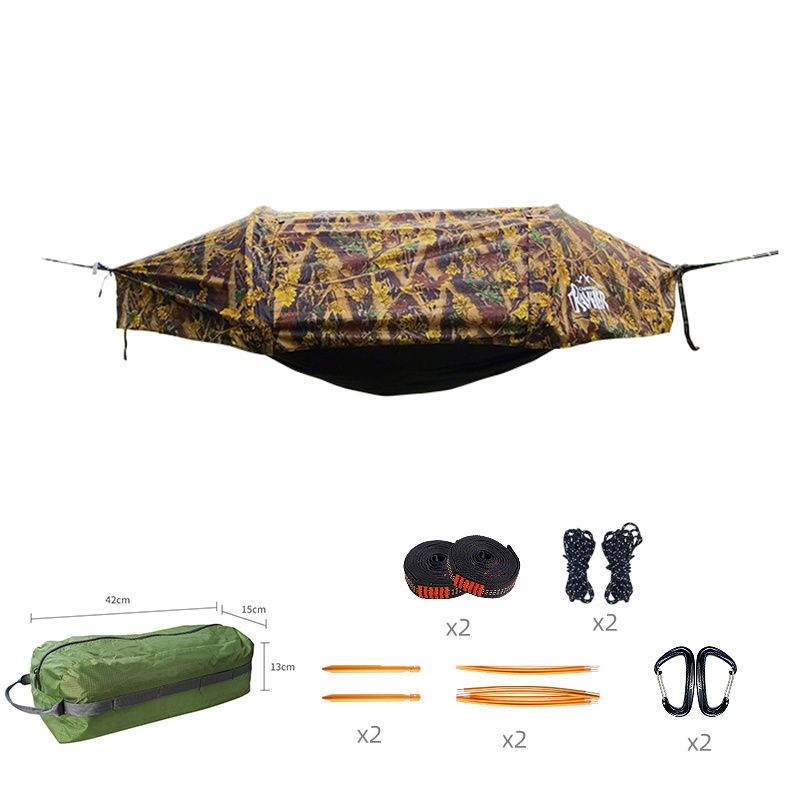 Hanging stable hammock tent with sunshade function outside plain adventurer camo hammock