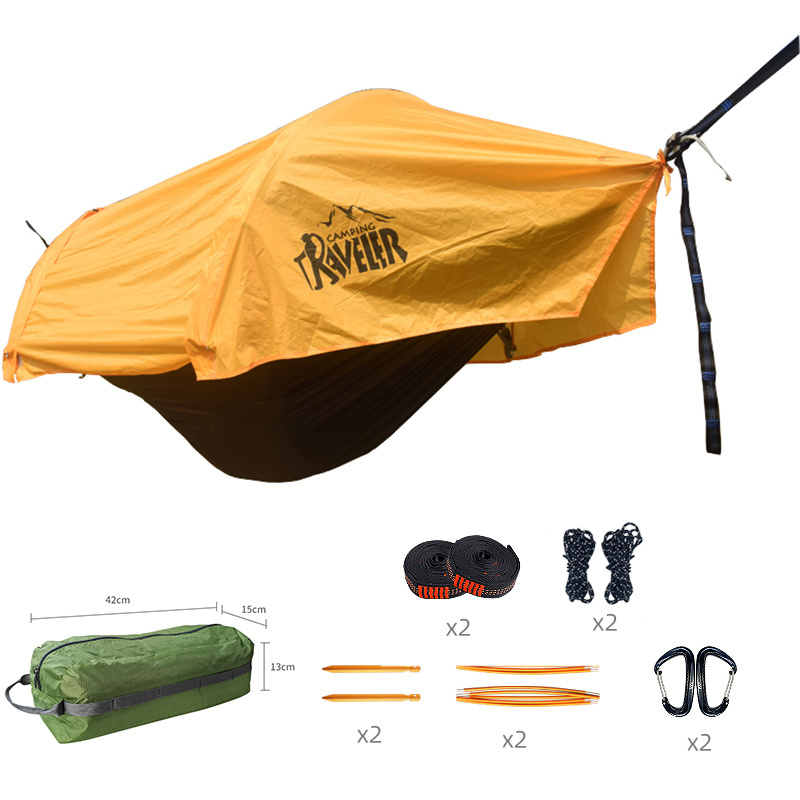 Hanging stable hammock tent with sunshade function outside plain adventurer camo hammock