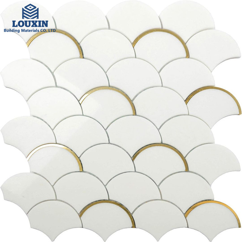 Fanshaped white carrara mosaic marble tile 30*30 with metal stainless new design for bathroom kitchen backsplash mosaic