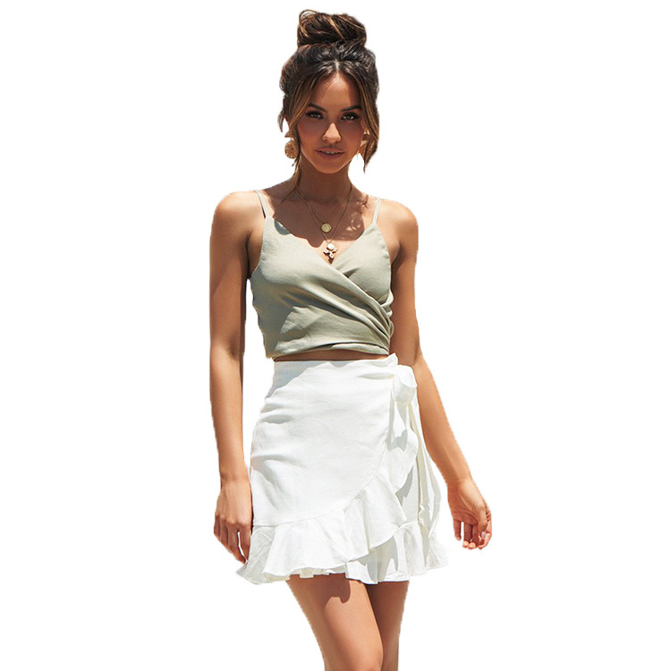 Pure Color Pleated Zipper Asymmetric Summer Cute Ruffle Mini Women Skirt