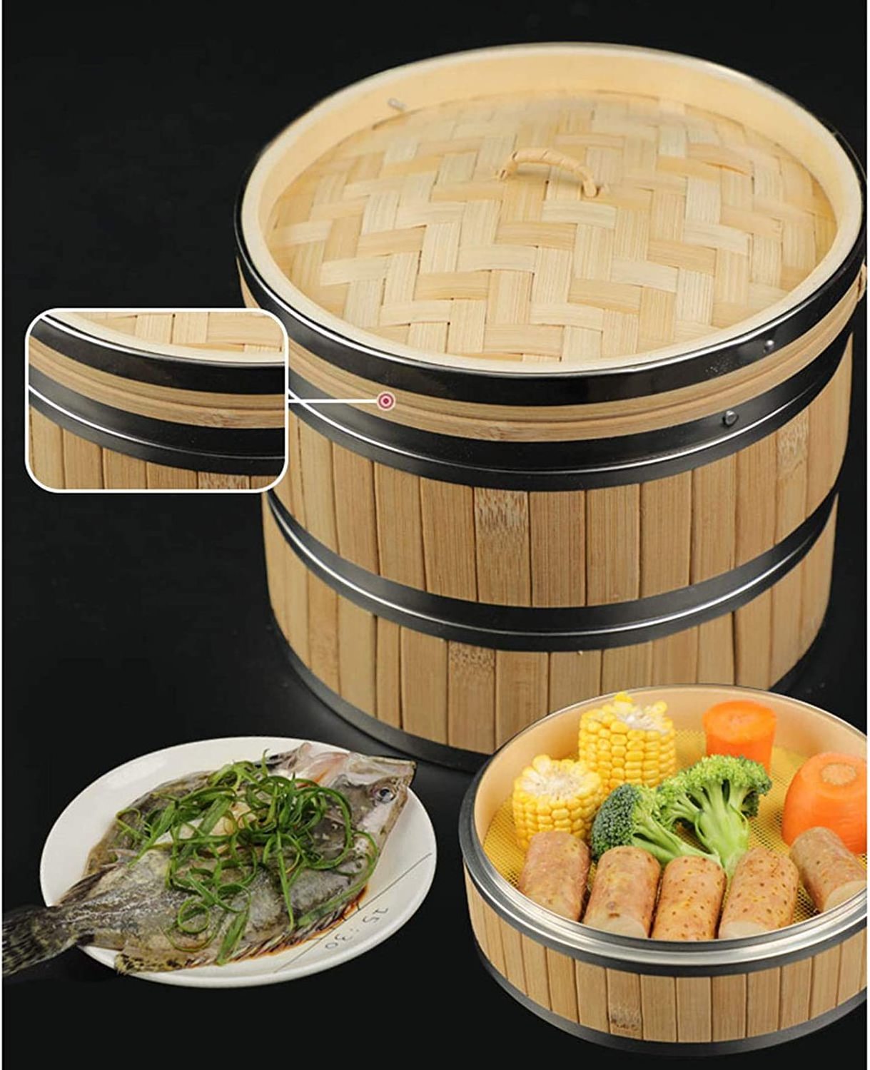 Handmade Stainless Steel Cooking Dim Sum 2 Tier Premium 10 inches Bamboo Steamer Basket