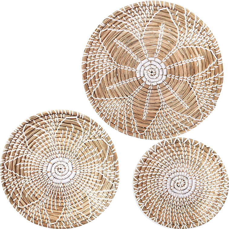 Indoor Wall Hanging Pattern Basket Plate Seagrass Decore Macrame Hanger Nordic Round Wood Art Hot Sale Decor Vintage Plates