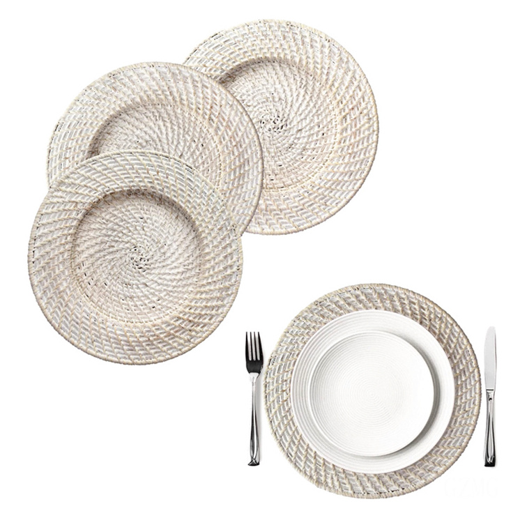 White Wash Bamboo Wooden Plate Charger Custom 13Inch Party Luxury Pearl Raton Wedding Rattan Charger Plates