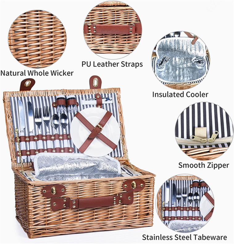 Wicker Picnic Basket Set On Wheels For 4 Persons Willow Baskets With Handles Empty Handle Supermarket Shopping Lids And