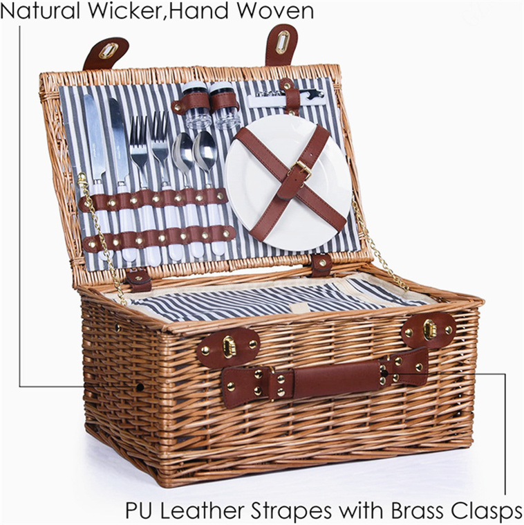 Wicker Picnic Basket Set On Wheels For 4 Persons Willow Baskets With Handles Empty Handle Supermarket Shopping Lids And