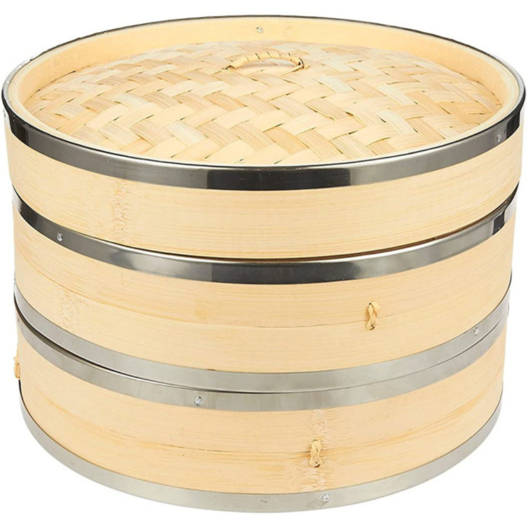 Handmade Stainless Steel Material Cooking Dim Sum 2 Tier Premium Bamboo Steamer Basket 10 Inch With Handle