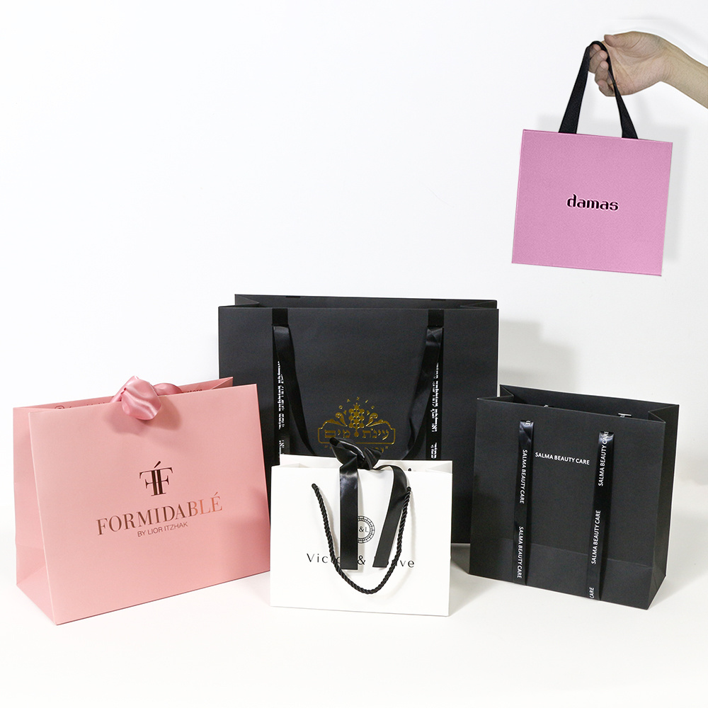 Custom Logo Luxury Ribbon Handle Gift Paper Bags Clothing Shopping Wedding Packaging Victorias Secret Pink Bags