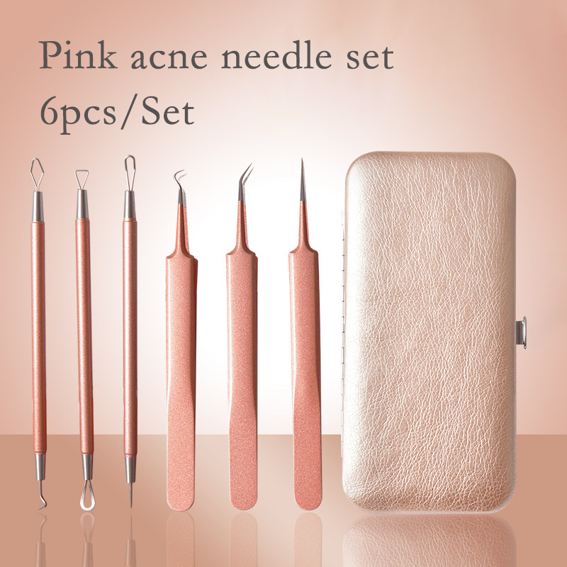 ROSE GOLD 6 Piece Set Stainless Steel Remover Kit Curved Blackhead Tweezers Kit Pimple Comedone Extractor Too