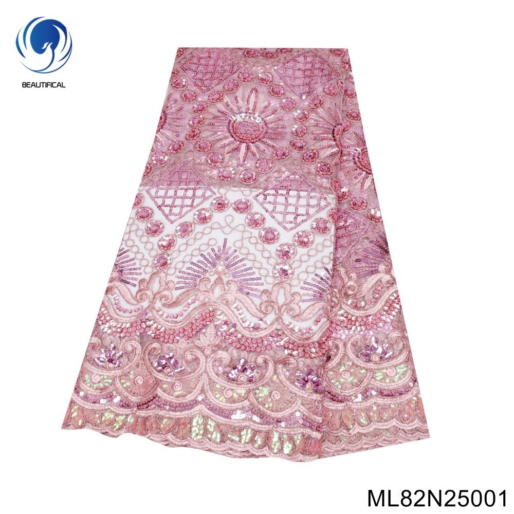 Beautifical fabrics for dresses 2022 nigerian women lace fabric wholesale price embroidery sequin mesh fabric ML82N25