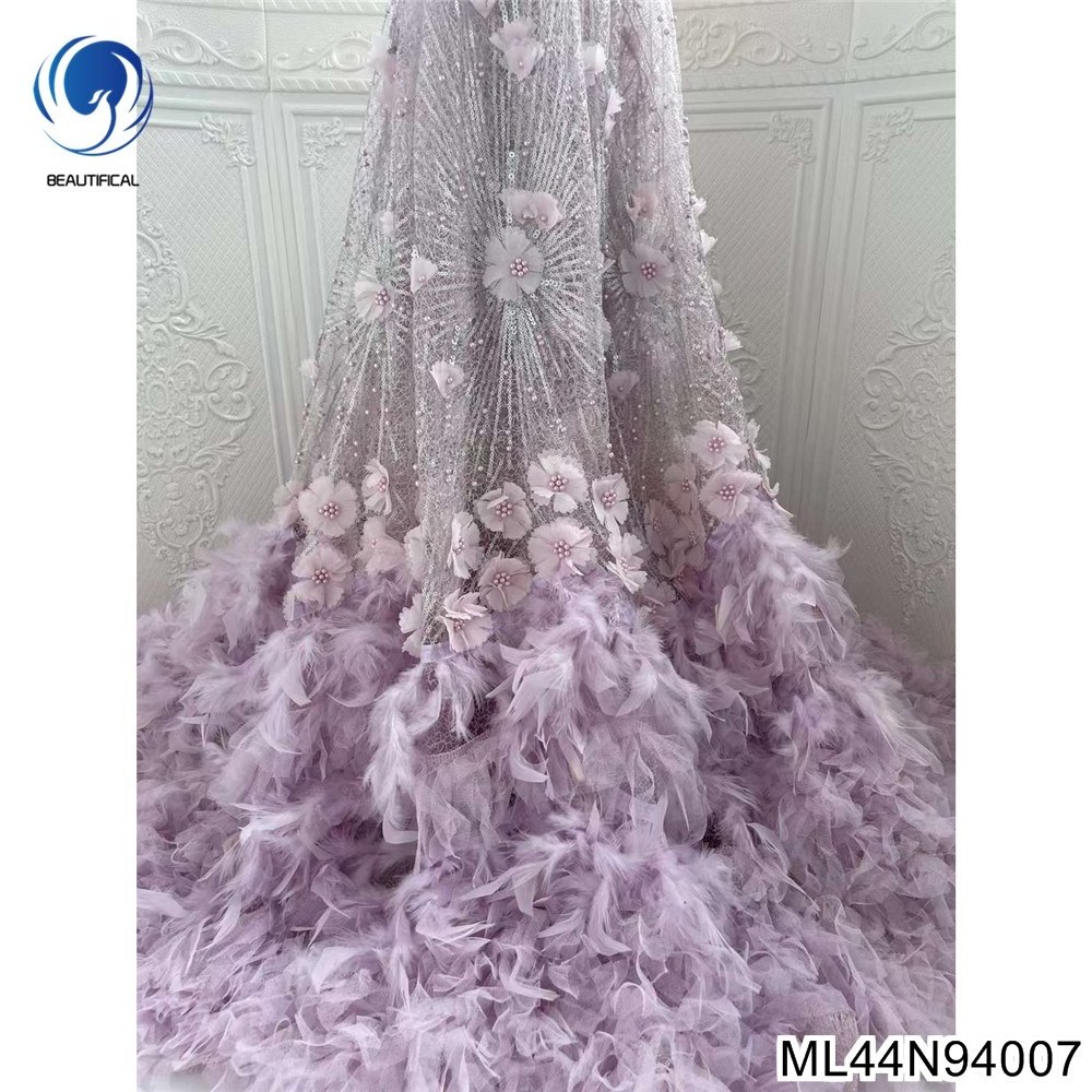 Beautifical feather fabric elegant 3d flower lace materials royal bridal dress fabric embroidery pearls fabric ML44N940