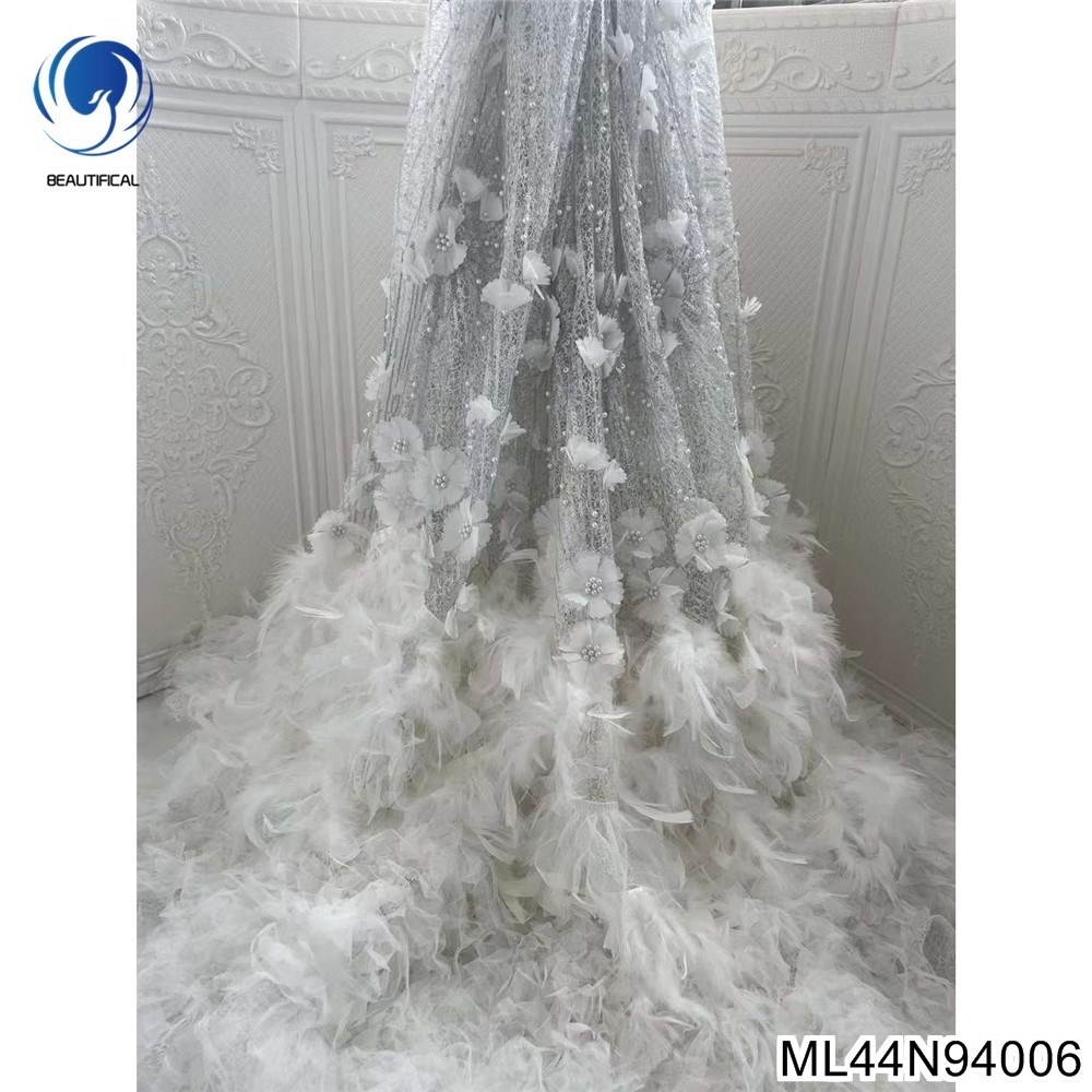 Beautifical feather fabric elegant 3d flower lace materials royal bridal dress fabric embroidery pearls fabric ML44N940