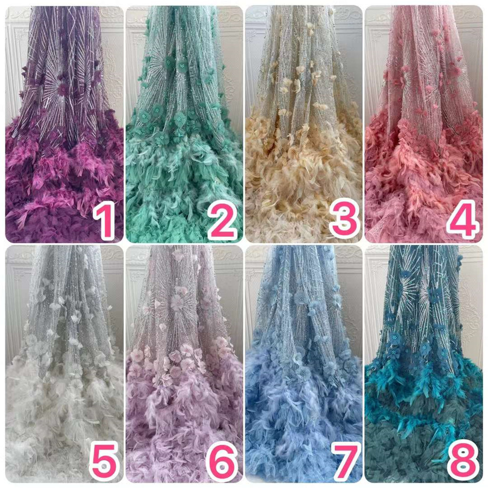 Beautifical feather fabric elegant 3d flower lace materials royal bridal dress fabric embroidery pearls fabric ML44N940