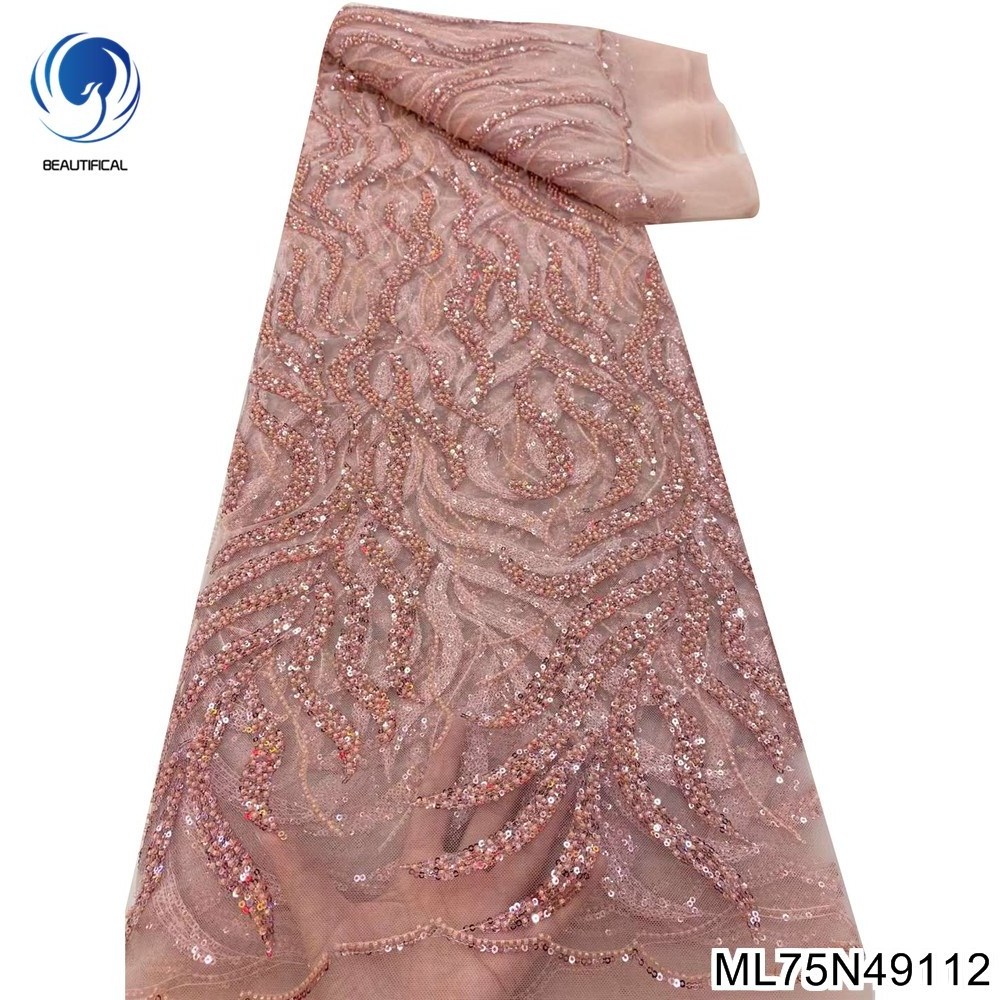 Beautifical 2022 hot selling burnt orange bridal fabrics sexy sequins dress lace 5 yards women dress lace materials ML75N491