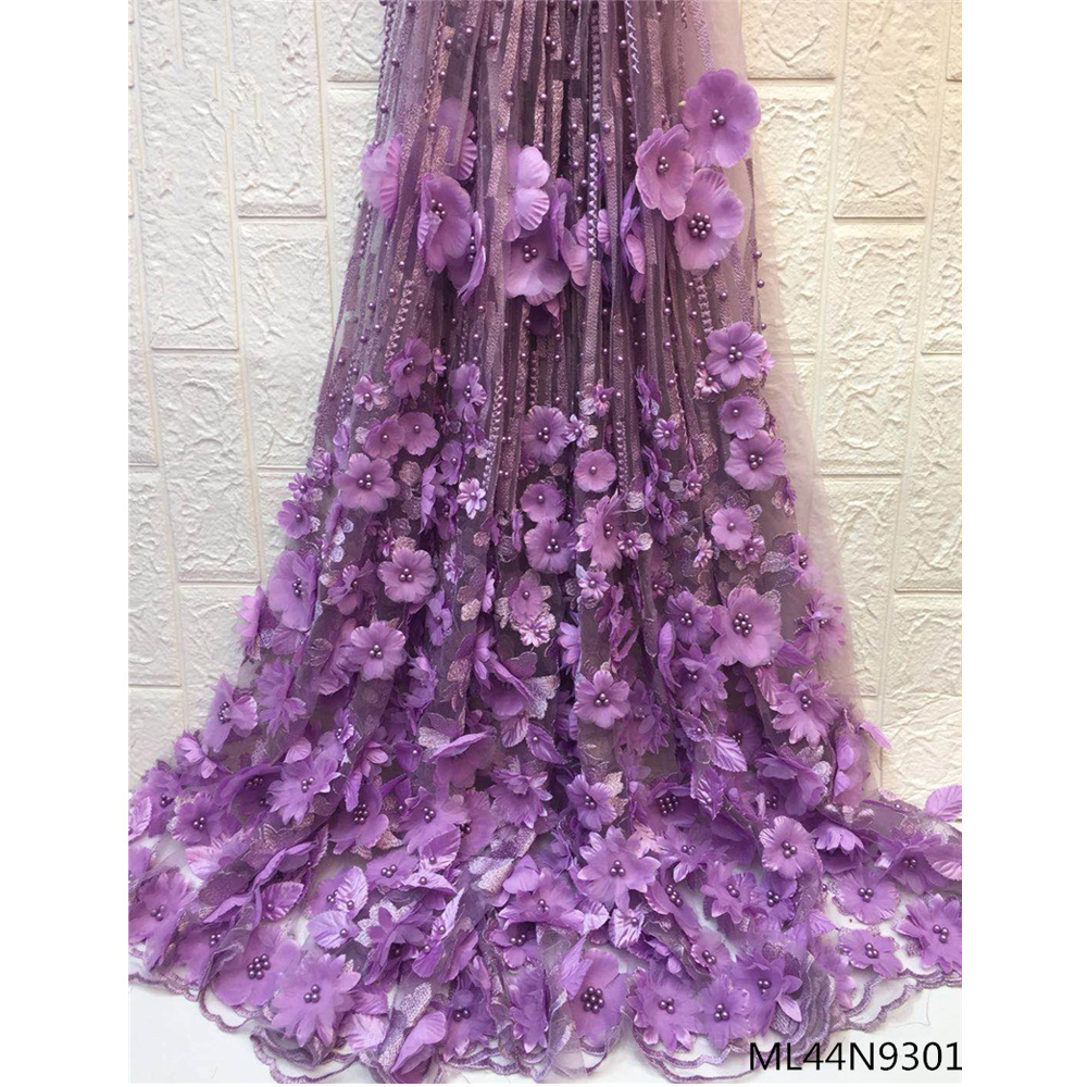 Beautifical Luxury 3d beaded lace embroidered tulle net lace with lots of beads purple bridal lace fabric ML44N93