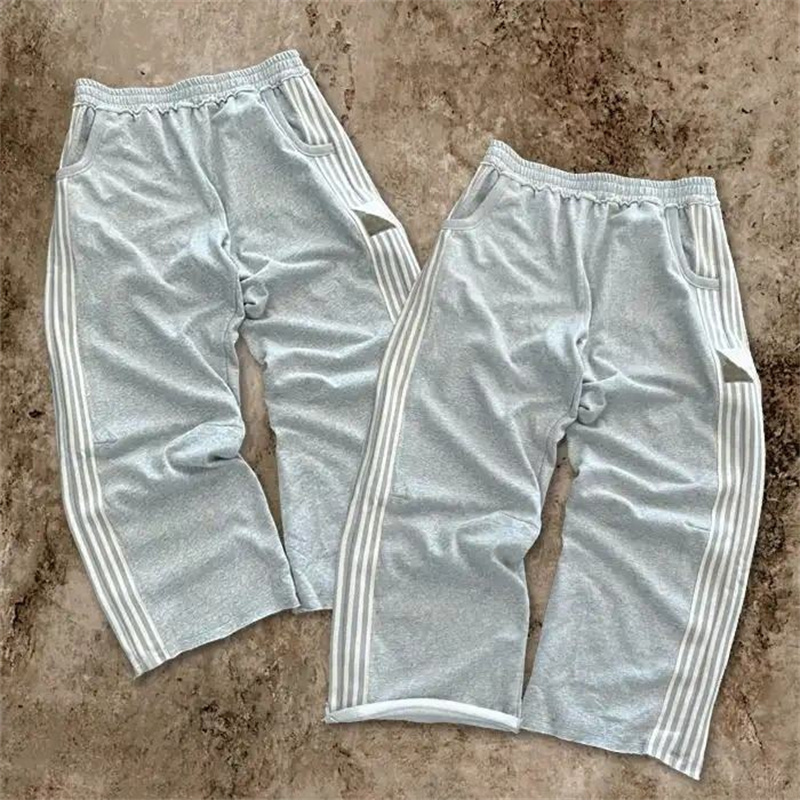 Wholesale Straight Leg pant Custom logo with Striped Side Track Pants Oversized Wide Leg loose Fit Raw Hem Jersey Sweatpants