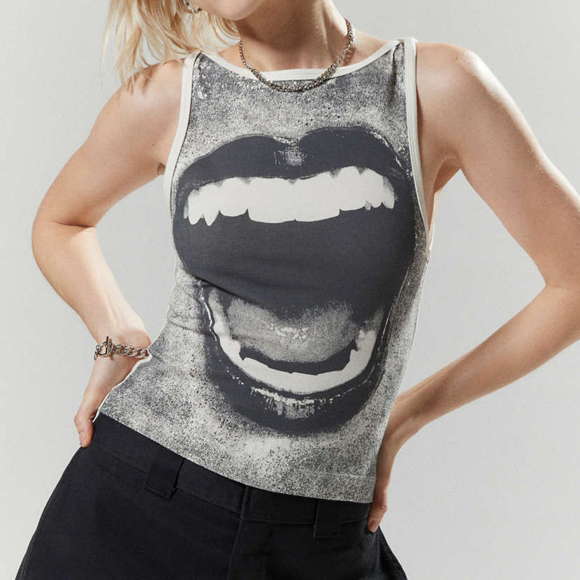 Hot Lip Graphic Vest Body Print Fancy For Women Polyester Crop Top