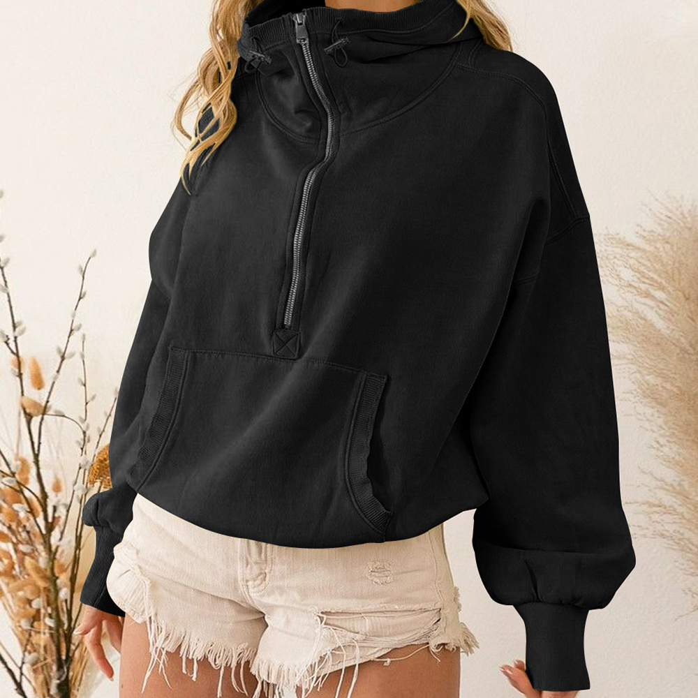 Fall Half Zip Up Unisex Drawstring Hoodie Pullover Black Blank Sweatshirt