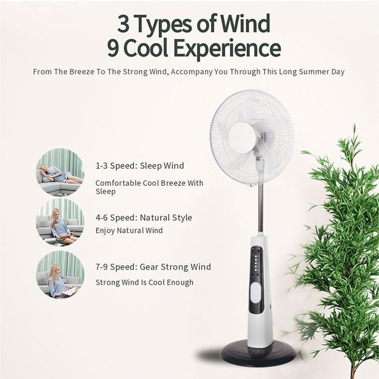 16 Inch Floor Stand Air Cooler 5 Baldes Fan Timer Remote Control Solar Panel Battery Rechargeable China Factory Wholesale Price/