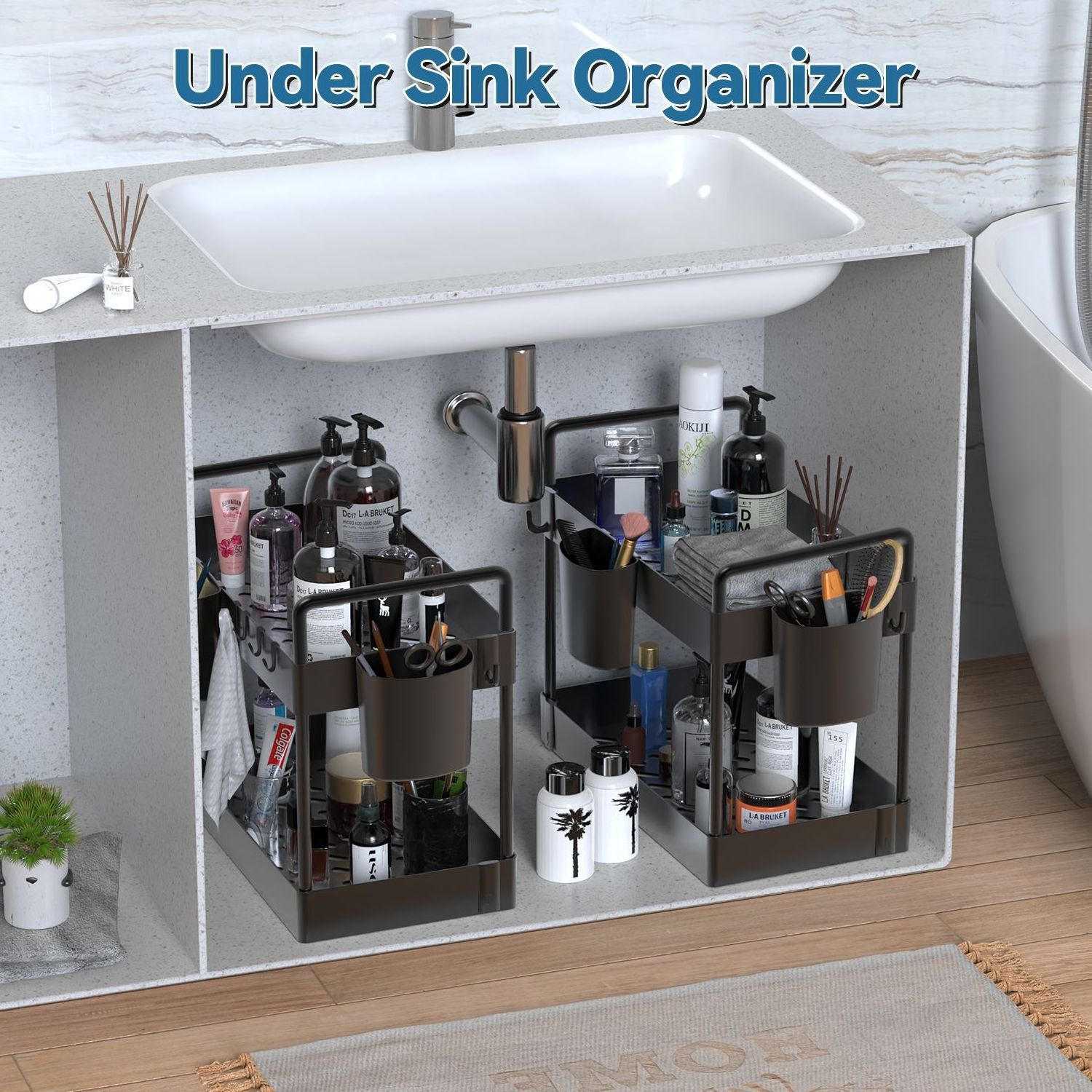 Kitchen and Bathroom Organization, Plastic Home Storage Shelf Rack 2-Tier Under the Sink Organizer with Basket/