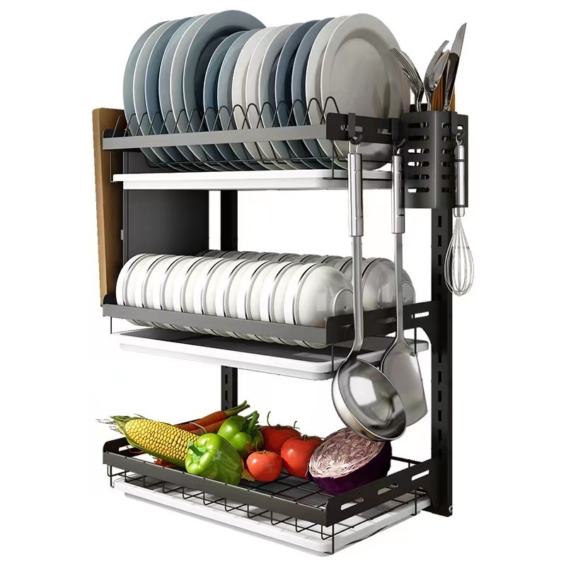 3 Tier Steel Rust-proof, Dish Rack Metal Wall Mount Over The Sink Drying Mounted Drainer Drying Plate Rack for Kitchen Cabinet/